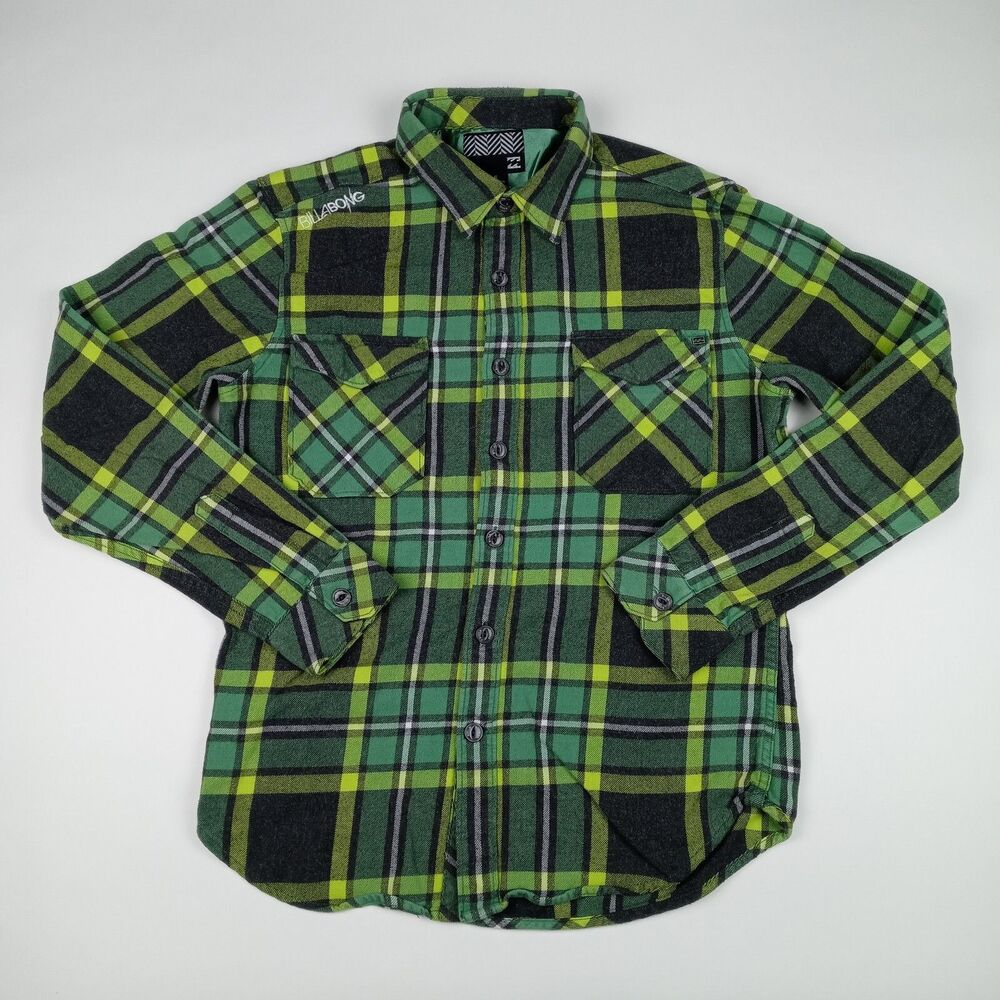 BILLABONG Long Sleeve Flannel Shirt Button Up Tartan Plaid Men's Small Green